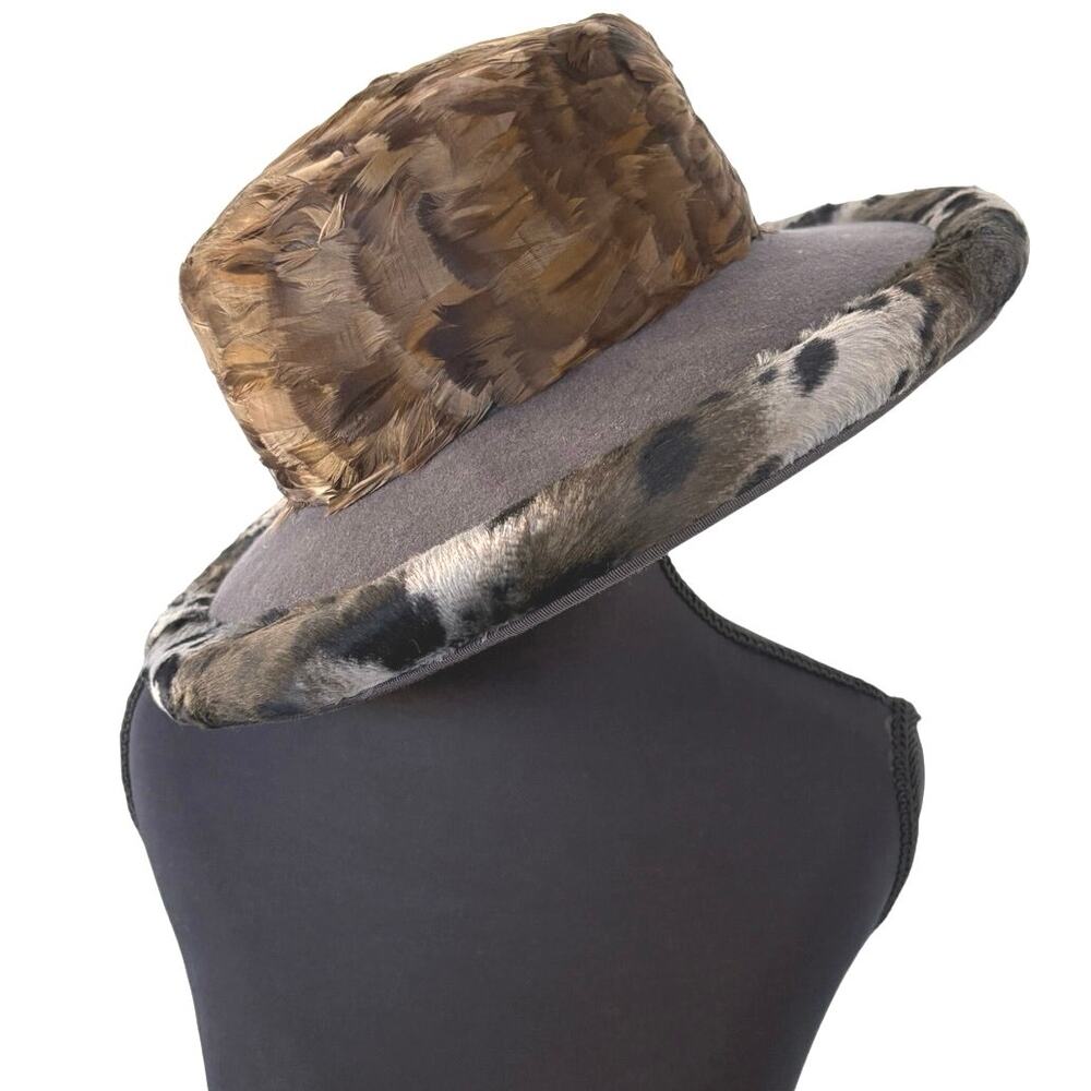 Maximalist Vintage Wool Feather Faux Fur Brimmed Hat Avant Garde Excello Bollman